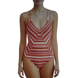 Pink Burgundy Stripe One Piece Swimsuit Junior L (11-13) swim suit 1-piece large